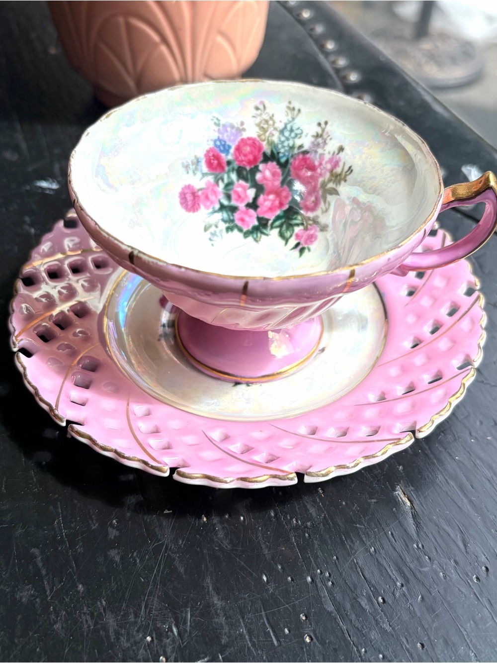 Pink lusterware reticulated teacup and saucer vintage